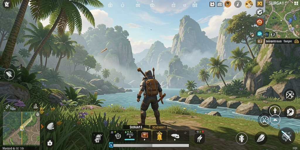 Tangkapan layar dari gameplay SURGA11 yang menunjukkan eksplorasi dunia terbuka.
